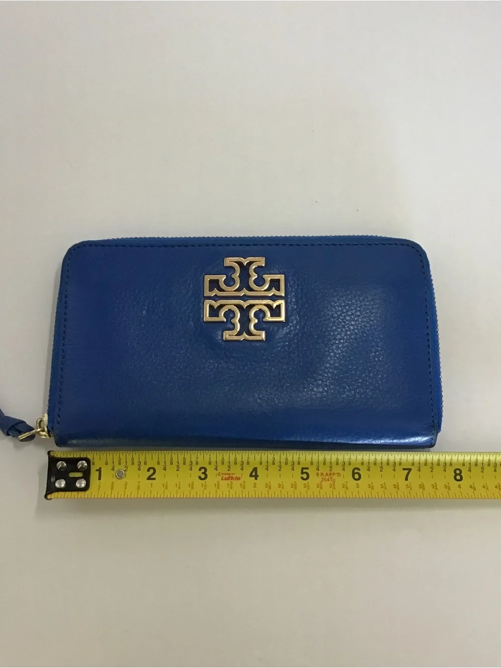 Tory Burch Electric Blue Zip-Around Leather Wallet with Gold Logo